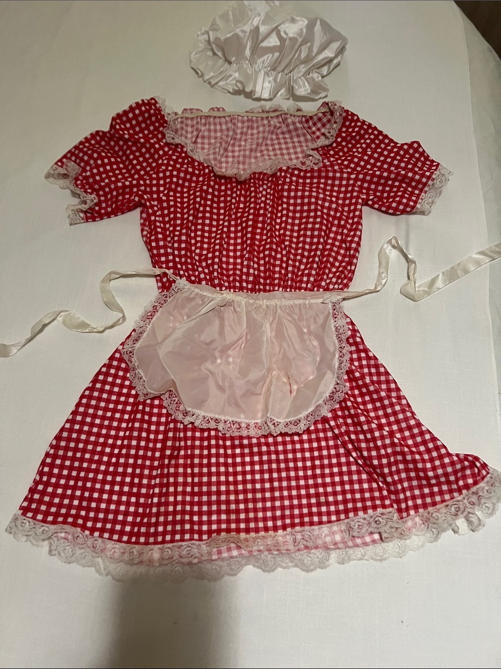 Little Red Riding Hood Gingham Costume Dress with White Apron and Bonnet